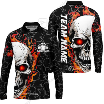 Personalized Bowling Unisex Polo Shirt, Green Flaming Skull Shirt For For Team Men Women Bowlers