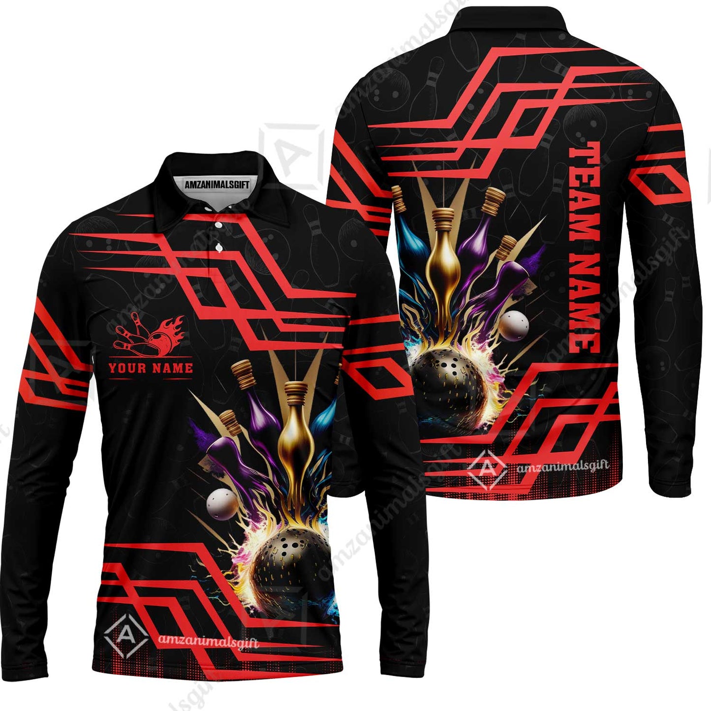 Customized Bowling Unisex Polo, Bowling And Pins Royal Multicolor Option Customized Name And Team Name For Bowling Team
