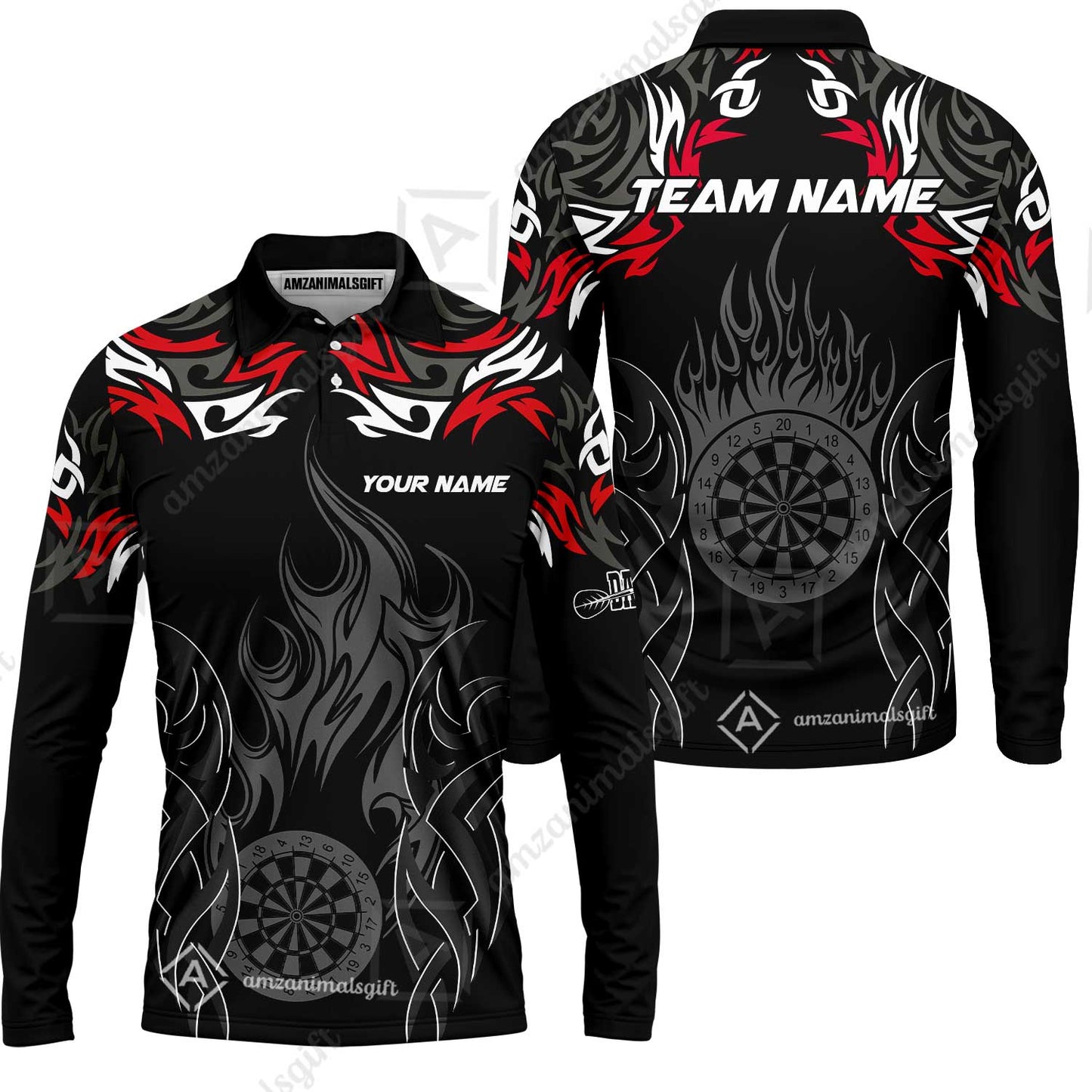 Customized Darts Long Sleeve Polo Shirt, Dartboard Fire Flame Darts Team Style Long Sleeve Polo Shirt for Players, Jersey for Darts Players