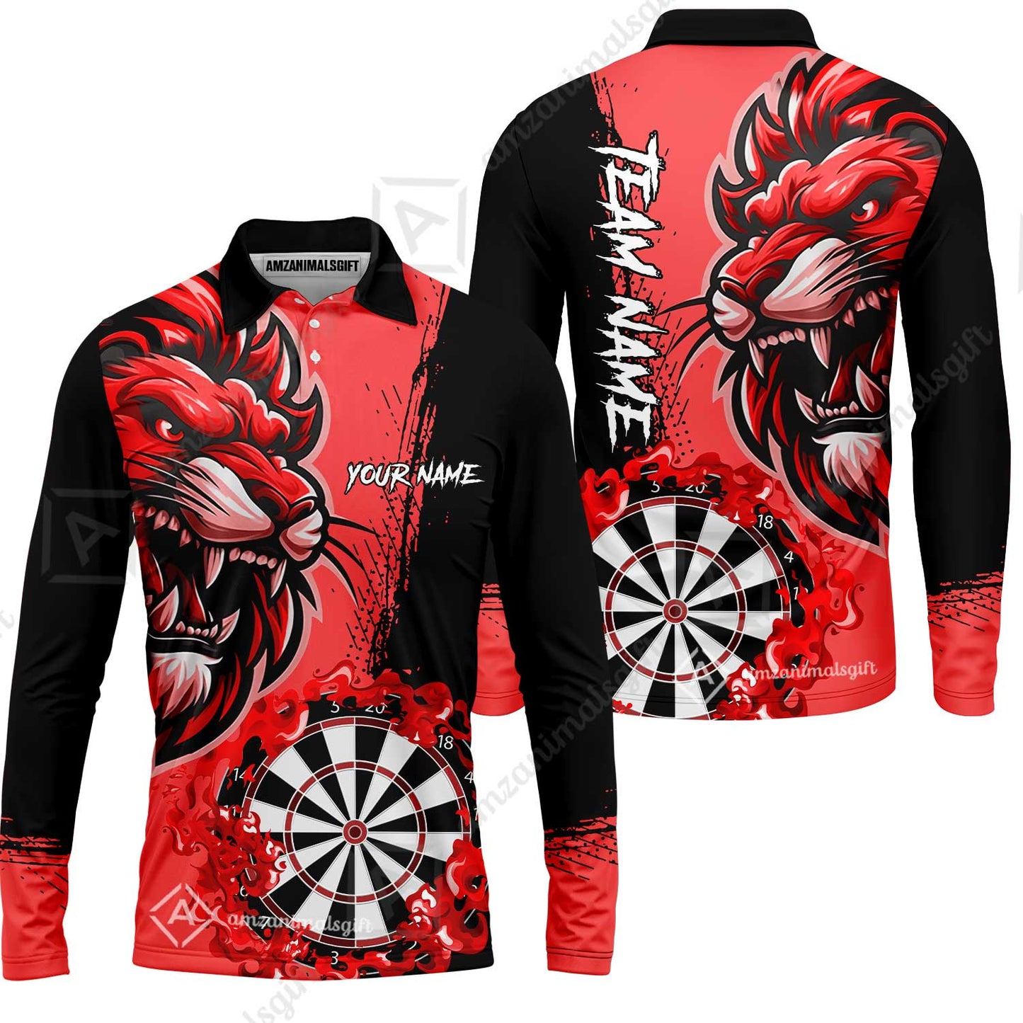 Custom Turquoise Funny Darts Team Unisex Polo Shirts, Darts uniforms Flame Lion Pattern Personalized Name And Team Name