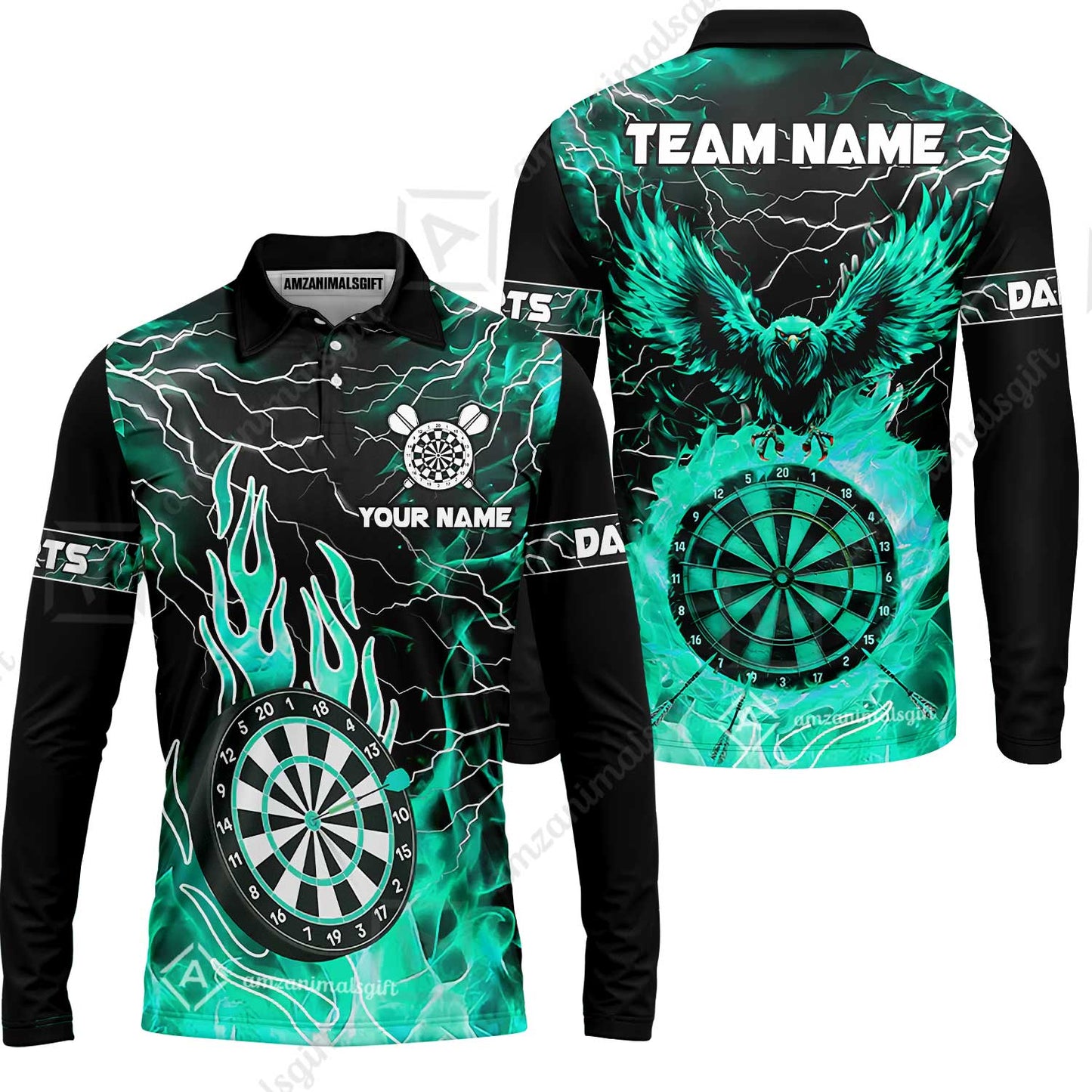 Custom Darts Team Jersey, Dartboard Fire Flame Custom Eagle Darts Jersey Polo Quarter-Zip Shirts, Custom Name And Team Name Darts Uniforms Jersey