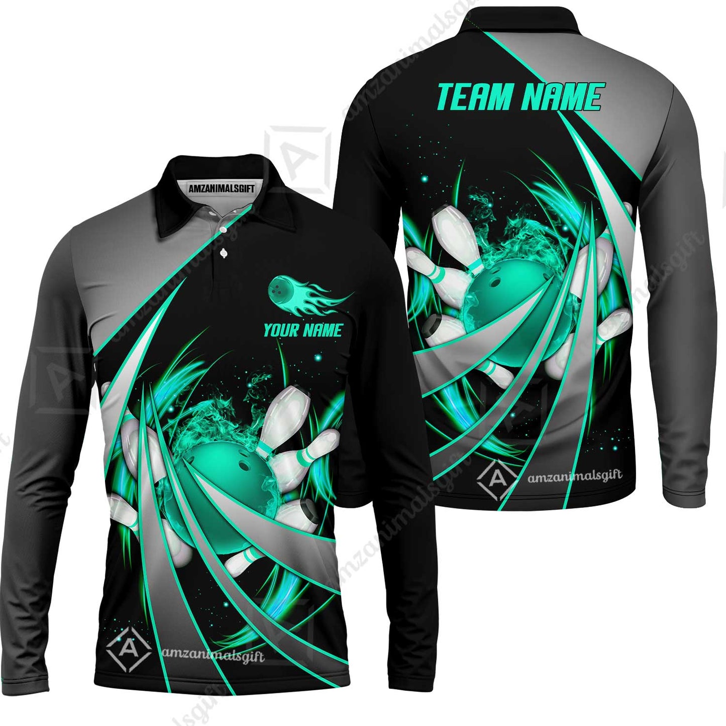 Customized Bowling Unisex Polo, Flame Bowling And Pins Tornado Pattern Multicolor Option Customized Name Zipper Polo Jerseys Shirts