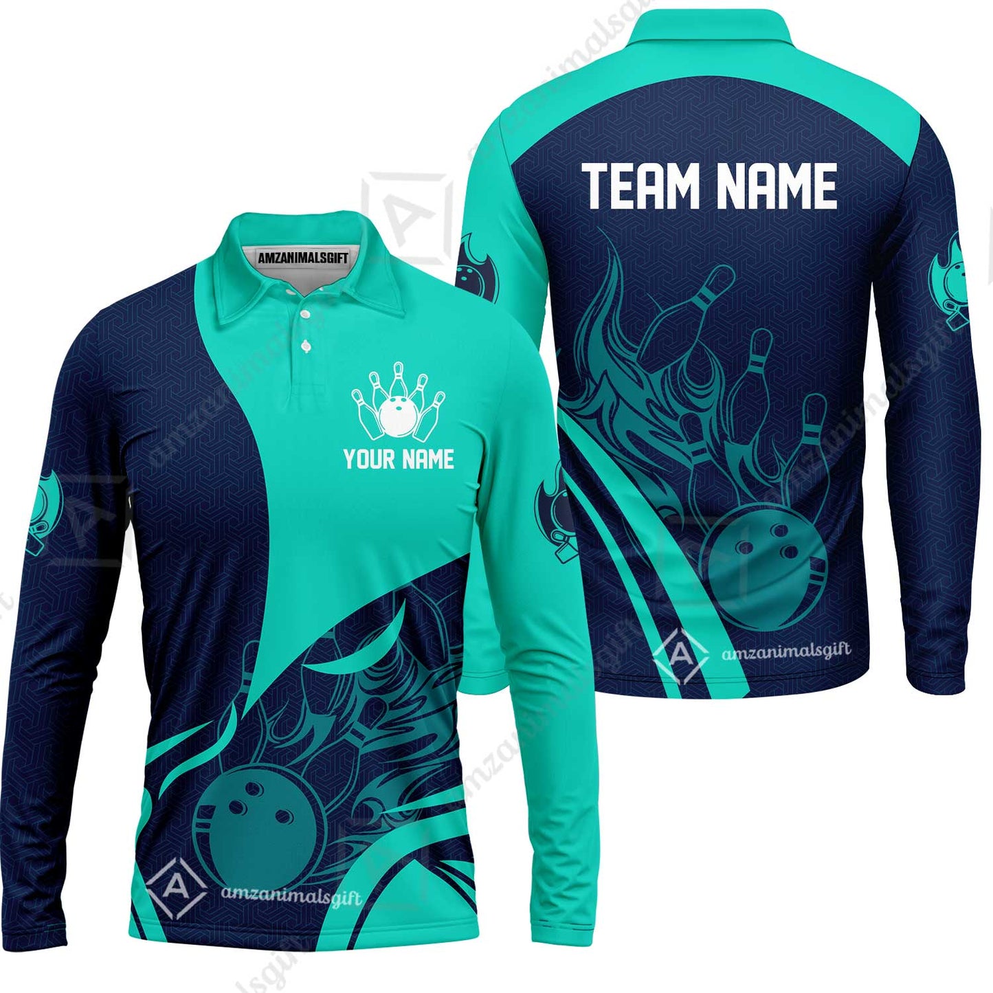 Customized Bowling Long Sleeve Polo Shirt, Flame Bowling Multicolor Custom Team Style Uniform Long Sleeve Polo Shirt, Outfit Jersey for Bowlers