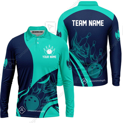 Customized Bowling Long Sleeve Polo Shirt, Flame Bowling Multicolor Custom Team Style Uniform Long Sleeve Polo Shirt, Outfit Jersey for Bowlers
