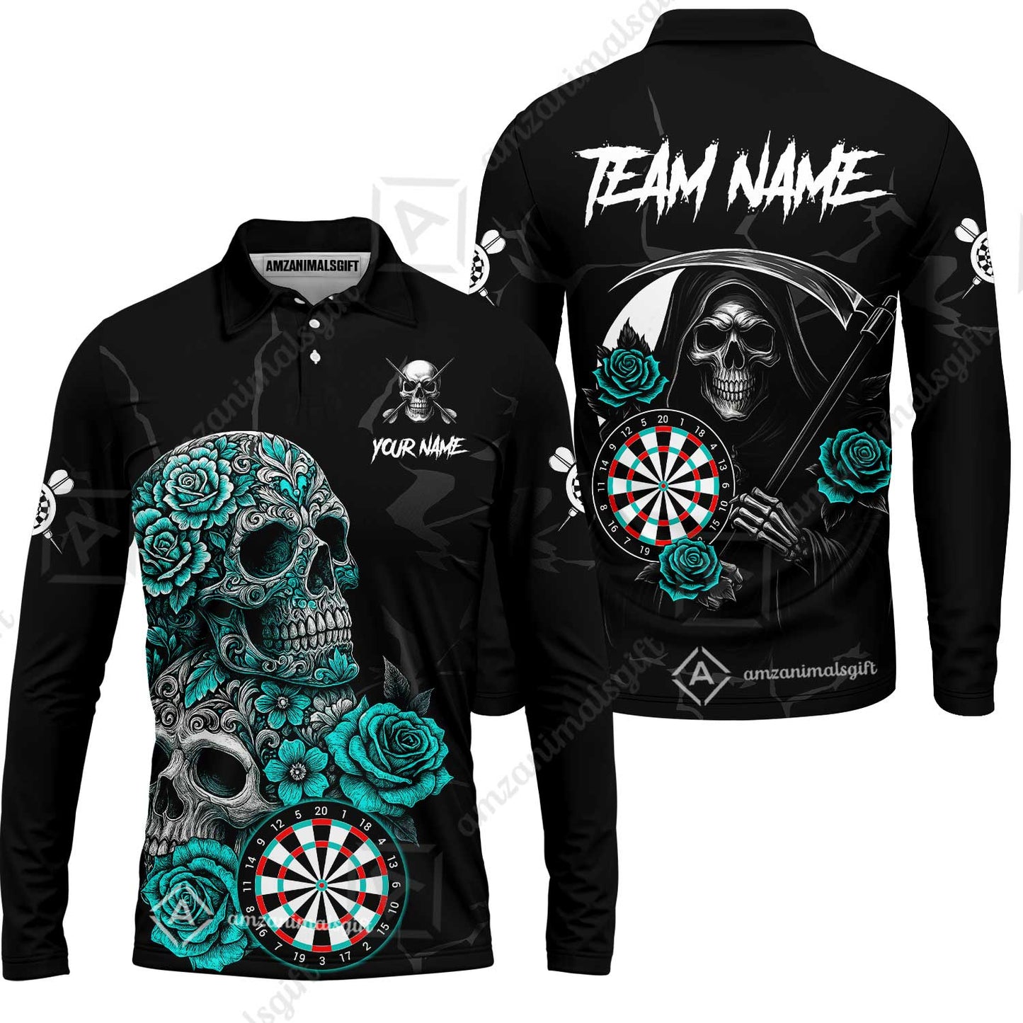 Customized Darts Long Sleeve Polo Shirt, Darts Turquoise Skull Roses Dartboard Zip Polo Style Jersey for Darts Players