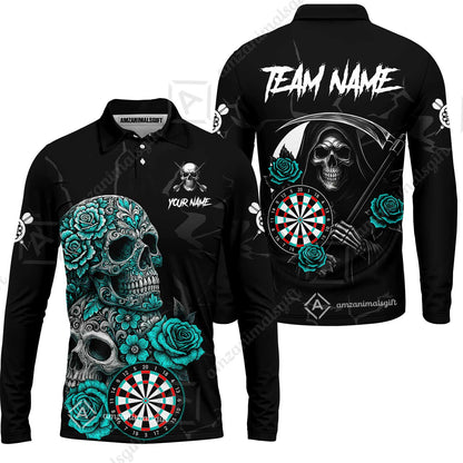 Customized Darts Long Sleeve Polo Shirt, Darts Turquoise Skull Roses Dartboard Zip Polo Style Jersey for Darts Players