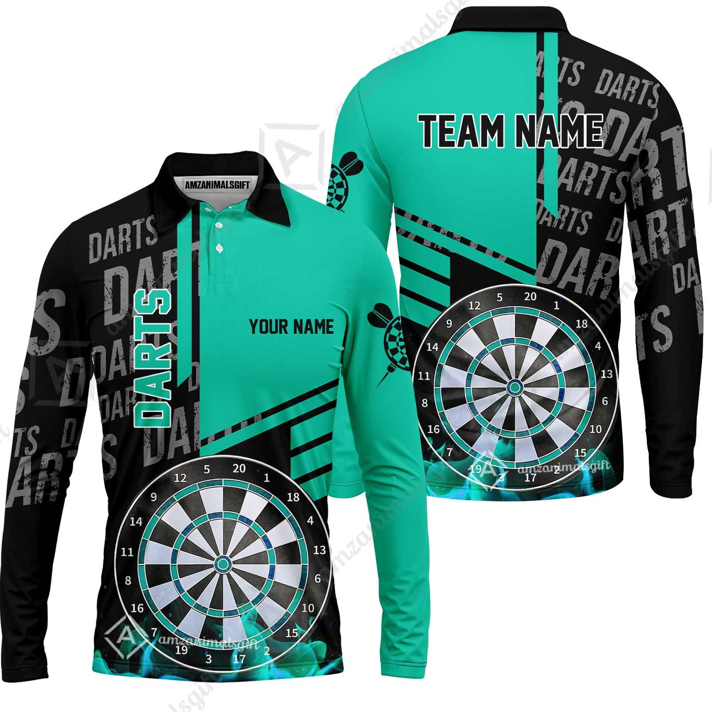 Custom Turquoise Fire Darts Unisex Polo, Custom Darts League Team Jersey Polo , Custom Darts Team Jerseys Uniform