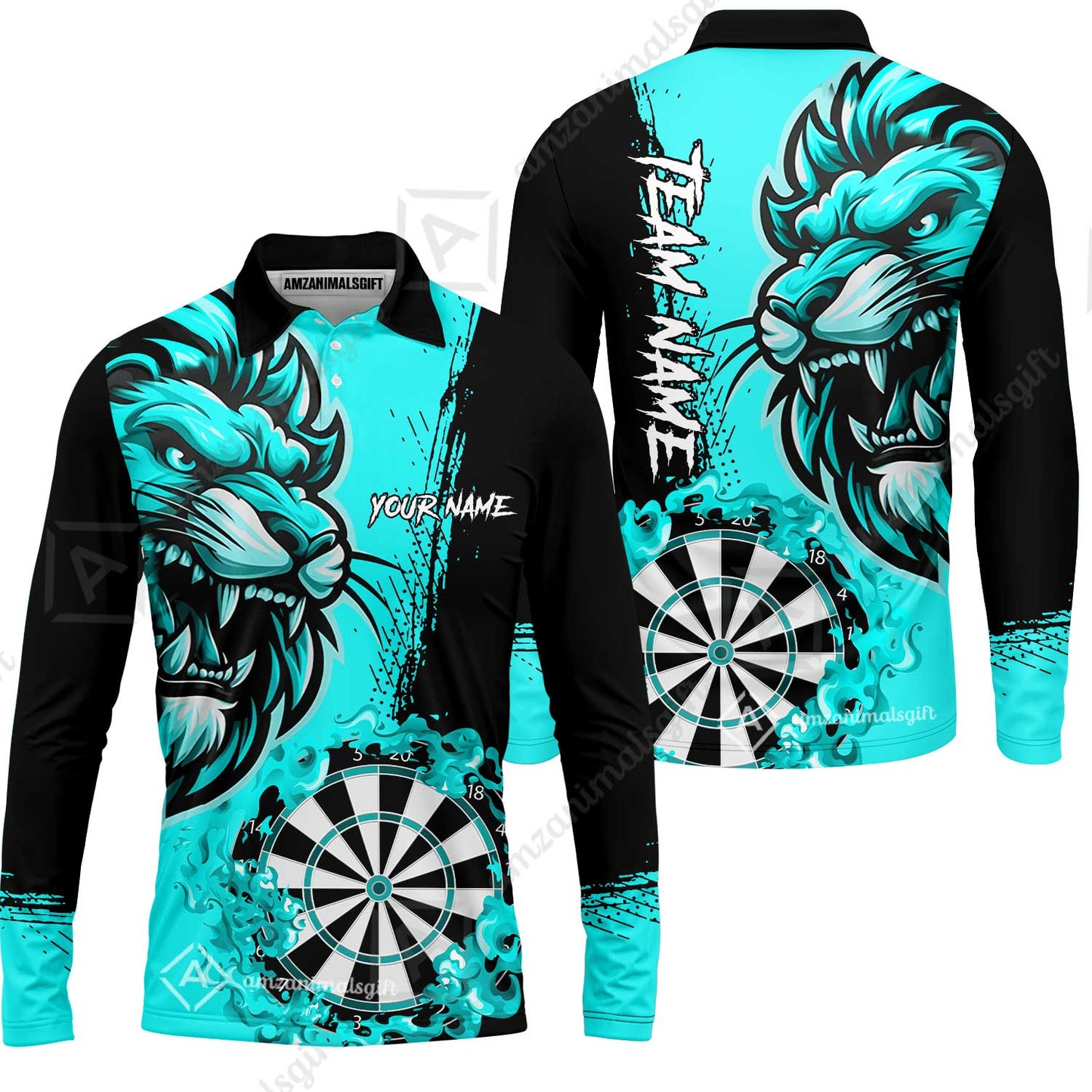Custom Turquoise Funny Darts Team Unisex Polo Shirts, Darts uniforms Flame Lion Pattern Personalized Name And Team Name