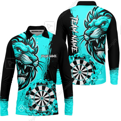 Custom Turquoise Funny Darts Team Unisex Polo Shirts, Darts uniforms Flame Lion Pattern Personalized Name And Team Name
