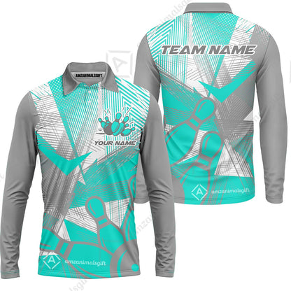 Customized Bowling Long Sleeve Polo Shirt, Bowling Ball And Pins Esports Pattern Long Sleeve Polo Shirt Uniform For Bowlers
