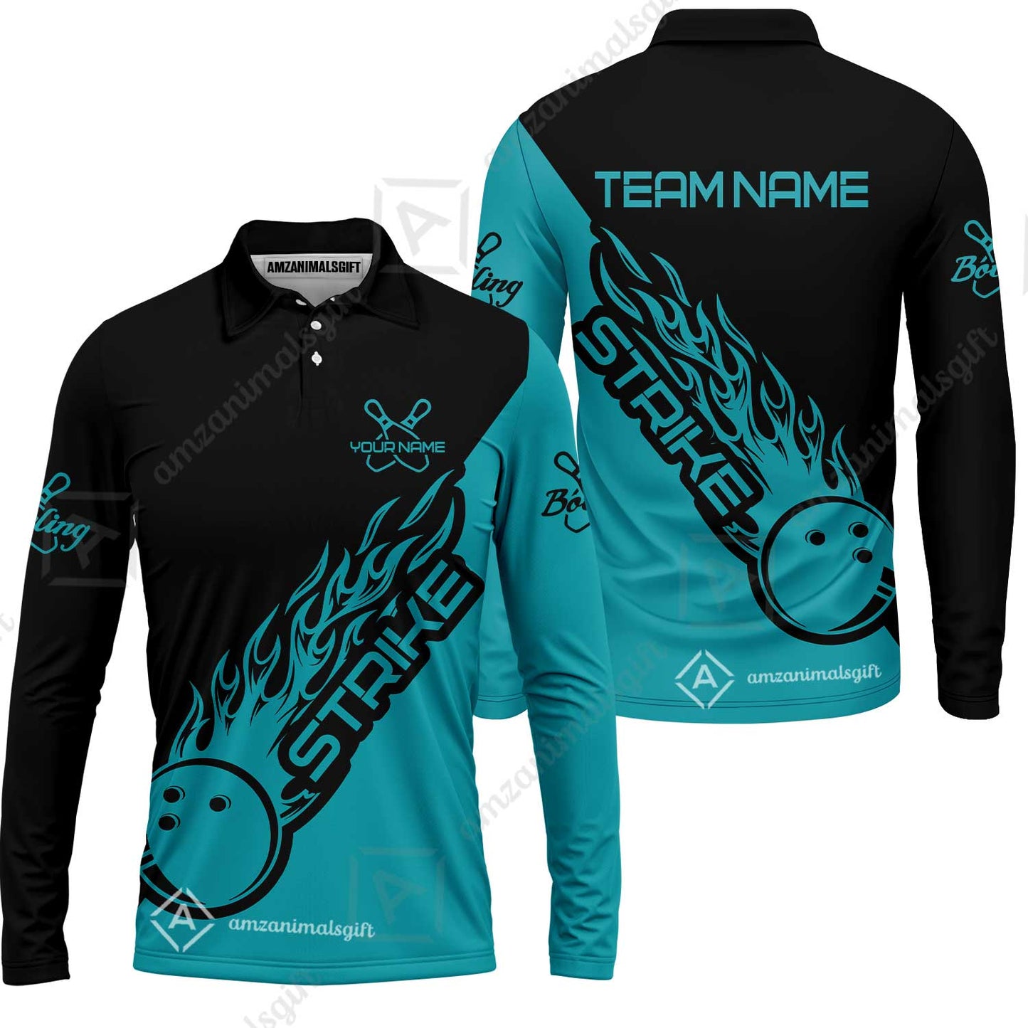 Bowling Customized Jersey Black Turquoise Shirt Strike Ball Bowling Tenpin Quarter Zip Shirt For Bowlers, Bowling Team