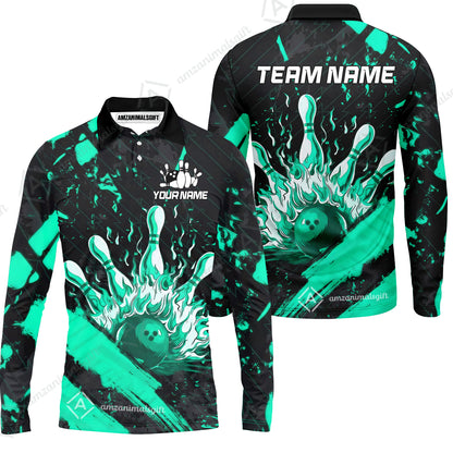 Customized Bowling Unisex Polo Shirt, Bowling And Pins Grunge Flame, Bowling Uniform - Personalized Name And Team Name