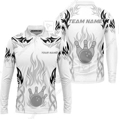 Personalized Bowling Team Long Sleeve Polo Shirt , Tribal And Bowling Flame Multi Option Customized Shirt - White