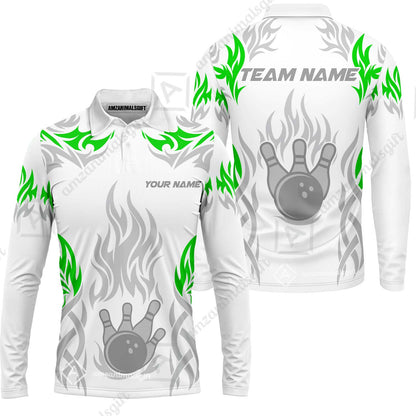 Personalized Bowling Team Long Sleeve Polo Shirt , Tribal And Bowling Flame Multi Option Customized Shirt - White