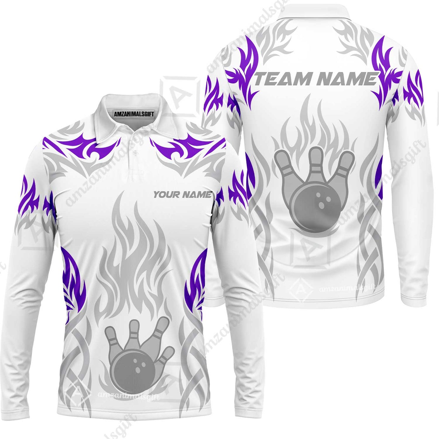 Personalized Bowling Team Long Sleeve Polo Shirt , Tribal And Bowling Flame Multi Option Customized Shirt - White