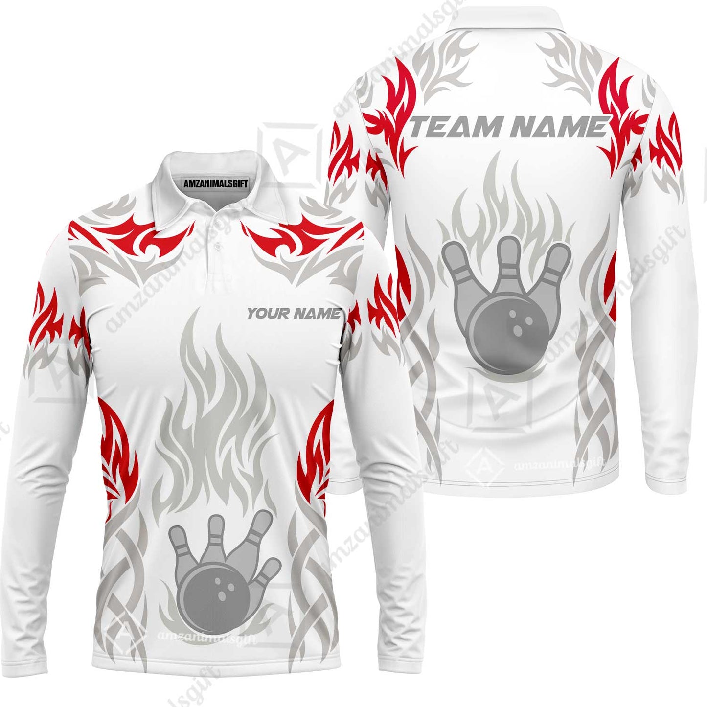 Personalized Bowling Team Long Sleeve Polo Shirt , Tribal And Bowling Flame Multi Option Customized Shirt - White