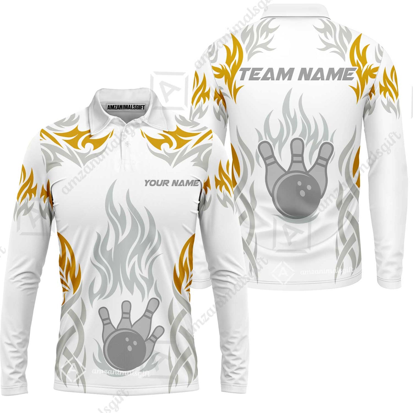 Personalized Bowling Team Long Sleeve Polo Shirt , Tribal And Bowling Flame Multi Option Customized Shirt - White