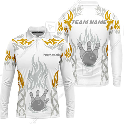 Personalized Bowling Team Long Sleeve Polo Shirt , Tribal And Bowling Flame Multi Option Customized Shirt - White