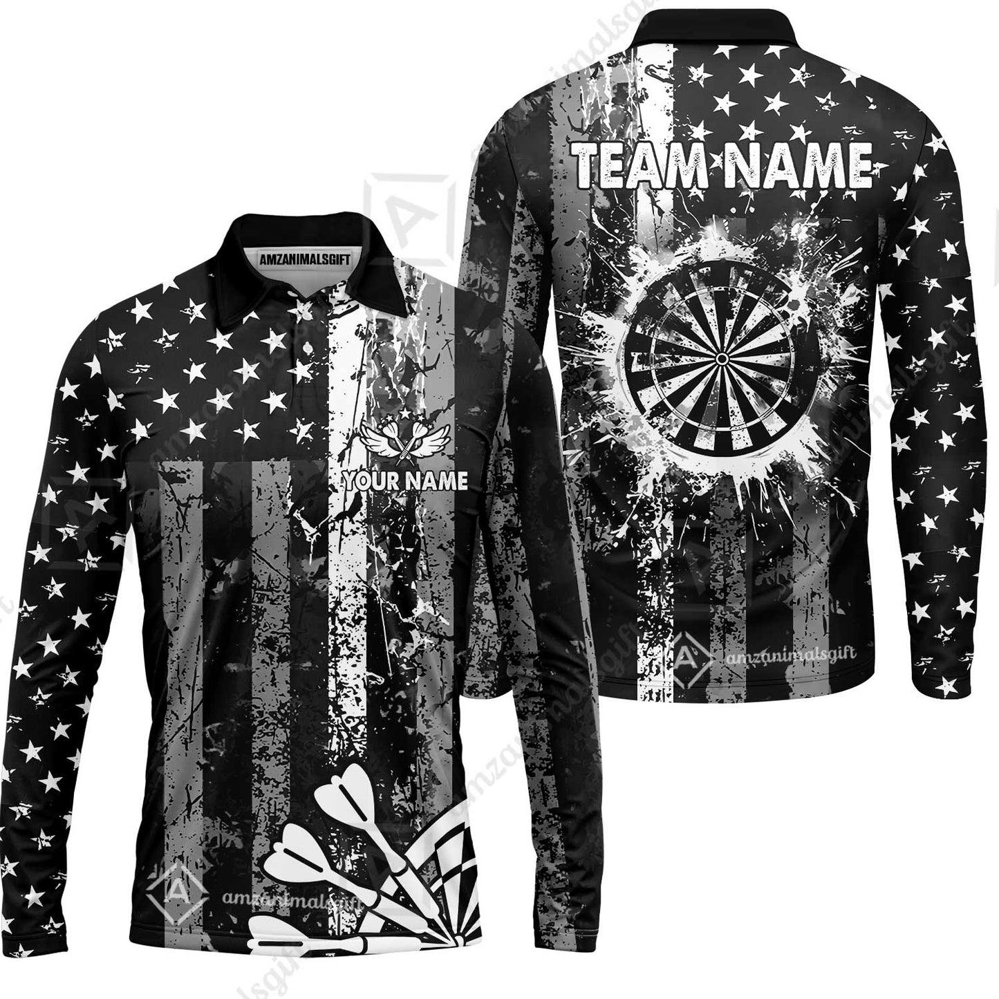 Customized Darts Long Sleeve Polo Shirt, Turquoise Grunge US Flag Patriotic Darts Long Sleeve Polo Shirt Team Style Jersey for Darts Players