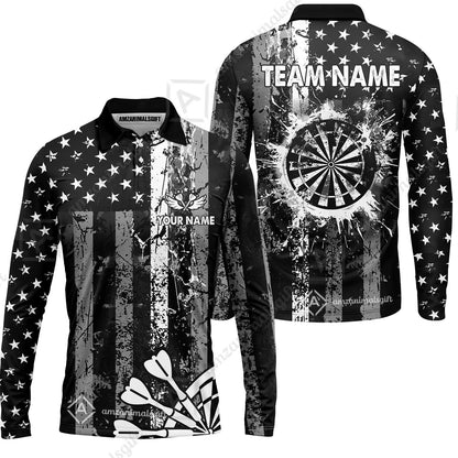 Customized Darts Long Sleeve Polo Shirt, Turquoise Grunge US Flag Patriotic Darts Long Sleeve Polo Shirt Team Style Jersey for Darts Players