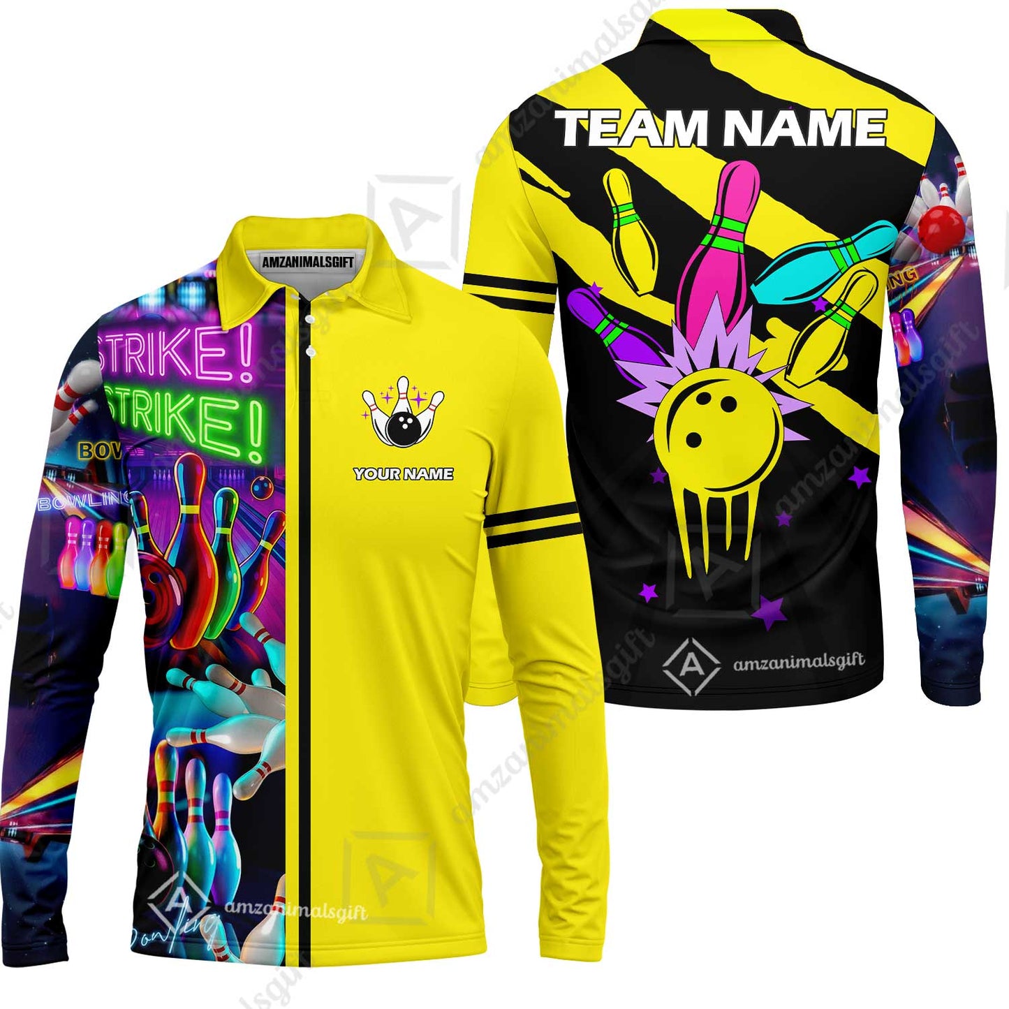 Custom Bowling Team Jersey Neon Bowling Strike Polo Shirts, Bowling Team Uniforms, Personalized Name And Team Name