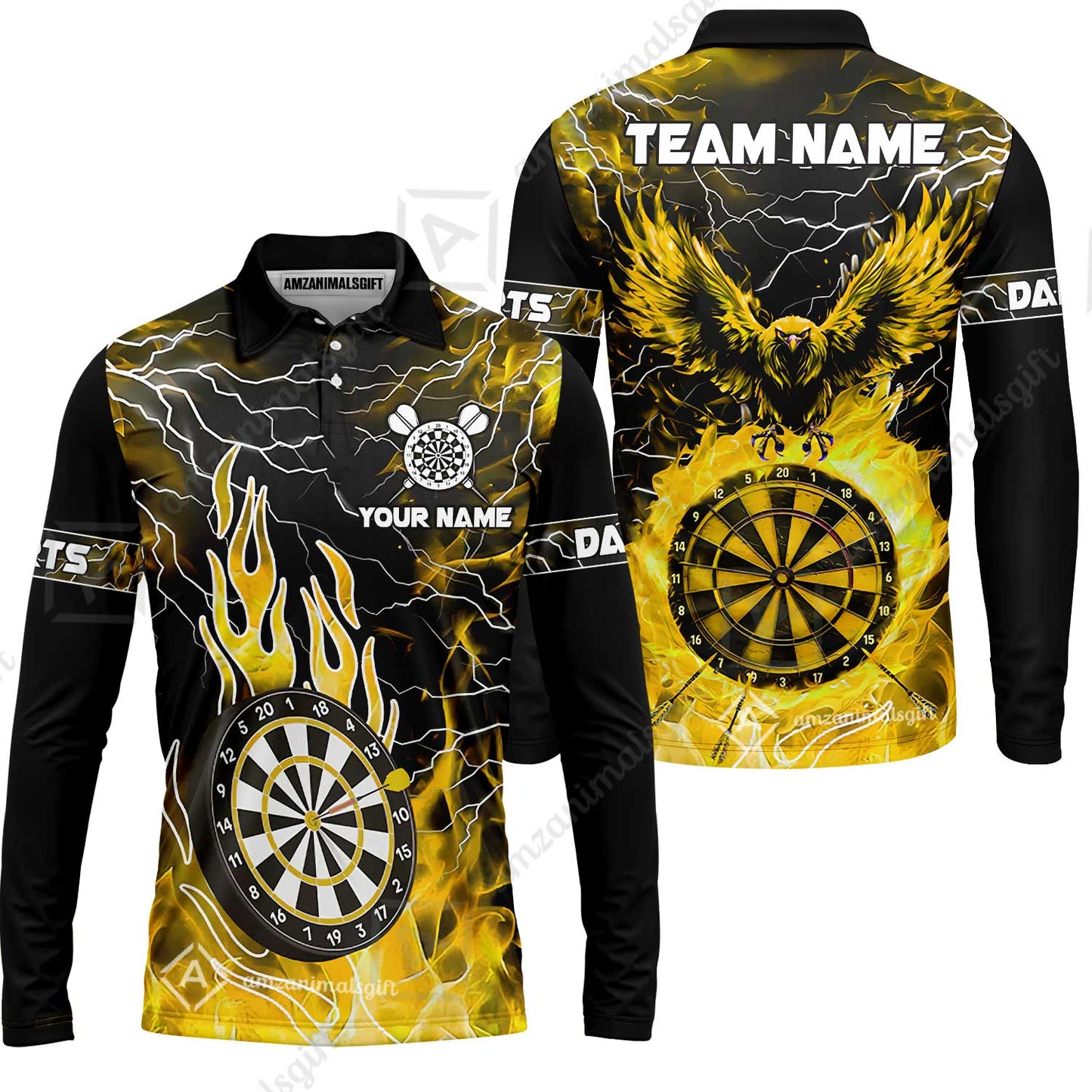 Custom Darts Team Jersey, Dartboard Fire Flame Custom Eagle Darts Jersey Polo Quarter-Zip Shirts, Custom Name And Team Name Darts Uniforms Jersey