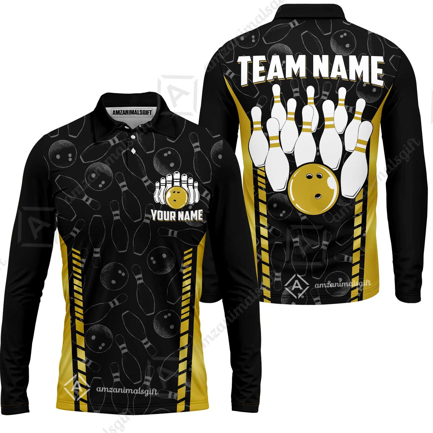 Custom Bowling Unisex Polo Shirts, Bowling Team Jersey Pattern, Bowling uniforms Ball & Pins Multicolor Options