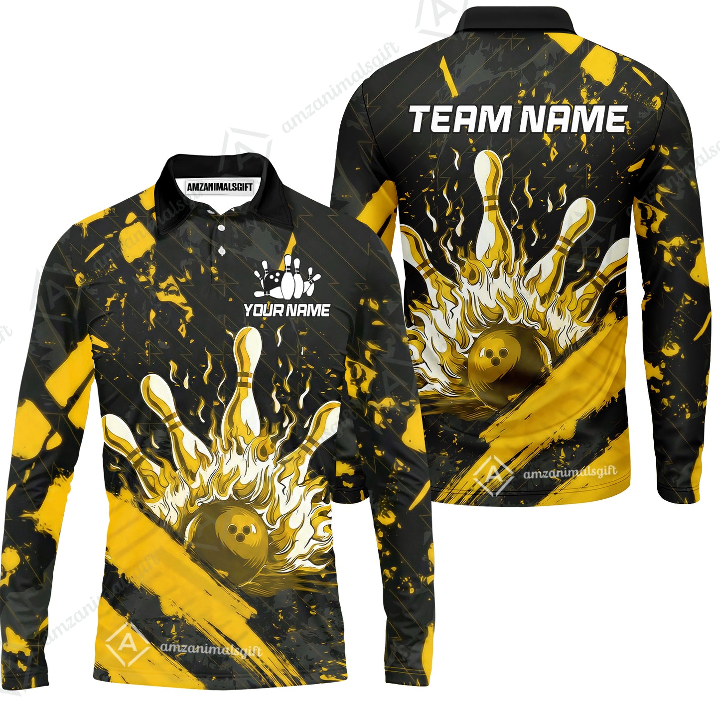 Customized Bowling Unisex Polo Shirt, Bowling And Pins Grunge Flame, Bowling Uniform - Personalized Name And Team Name