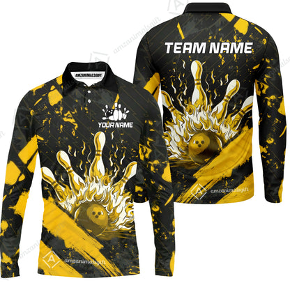 Customized Bowling Unisex Polo Shirt, Bowling And Pins Grunge Flame, Bowling Uniform - Personalized Name And Team Name