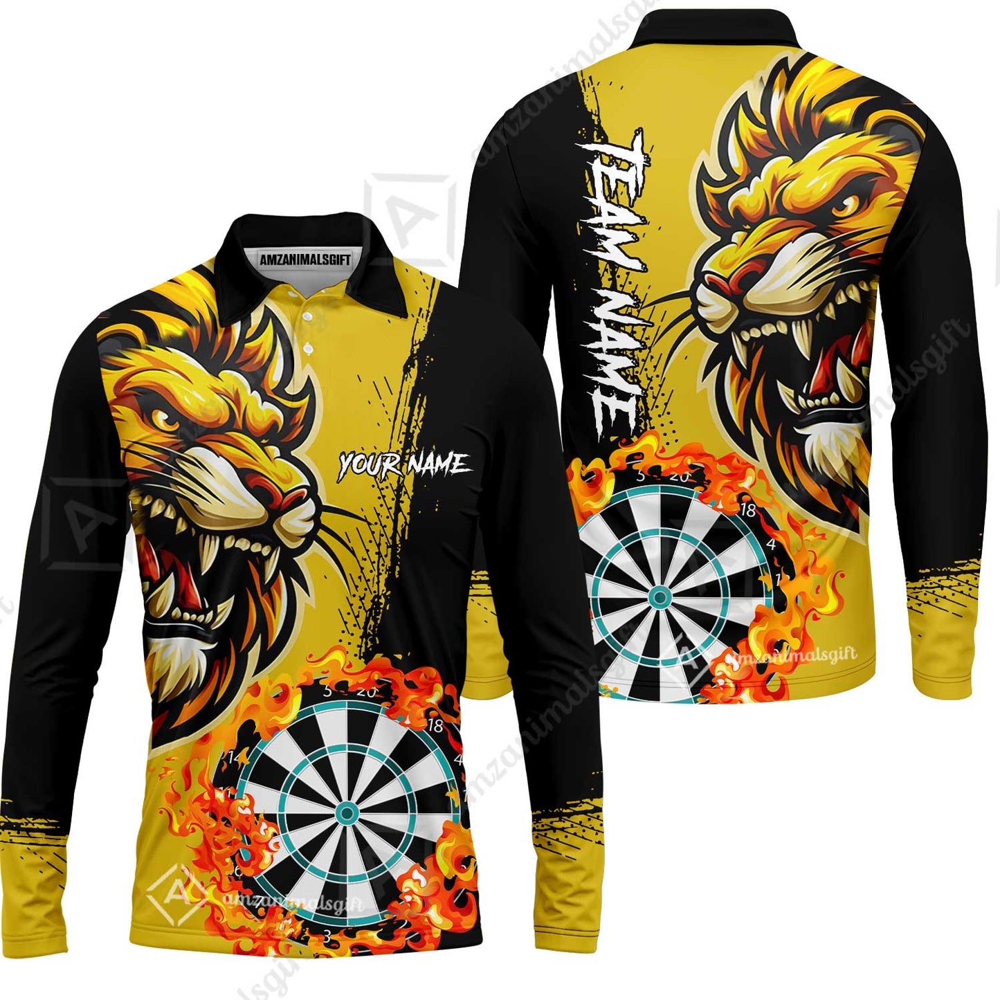 Custom Turquoise Funny Darts Team Unisex Polo Shirts, Darts uniforms Flame Lion Pattern Personalized Name And Team Name