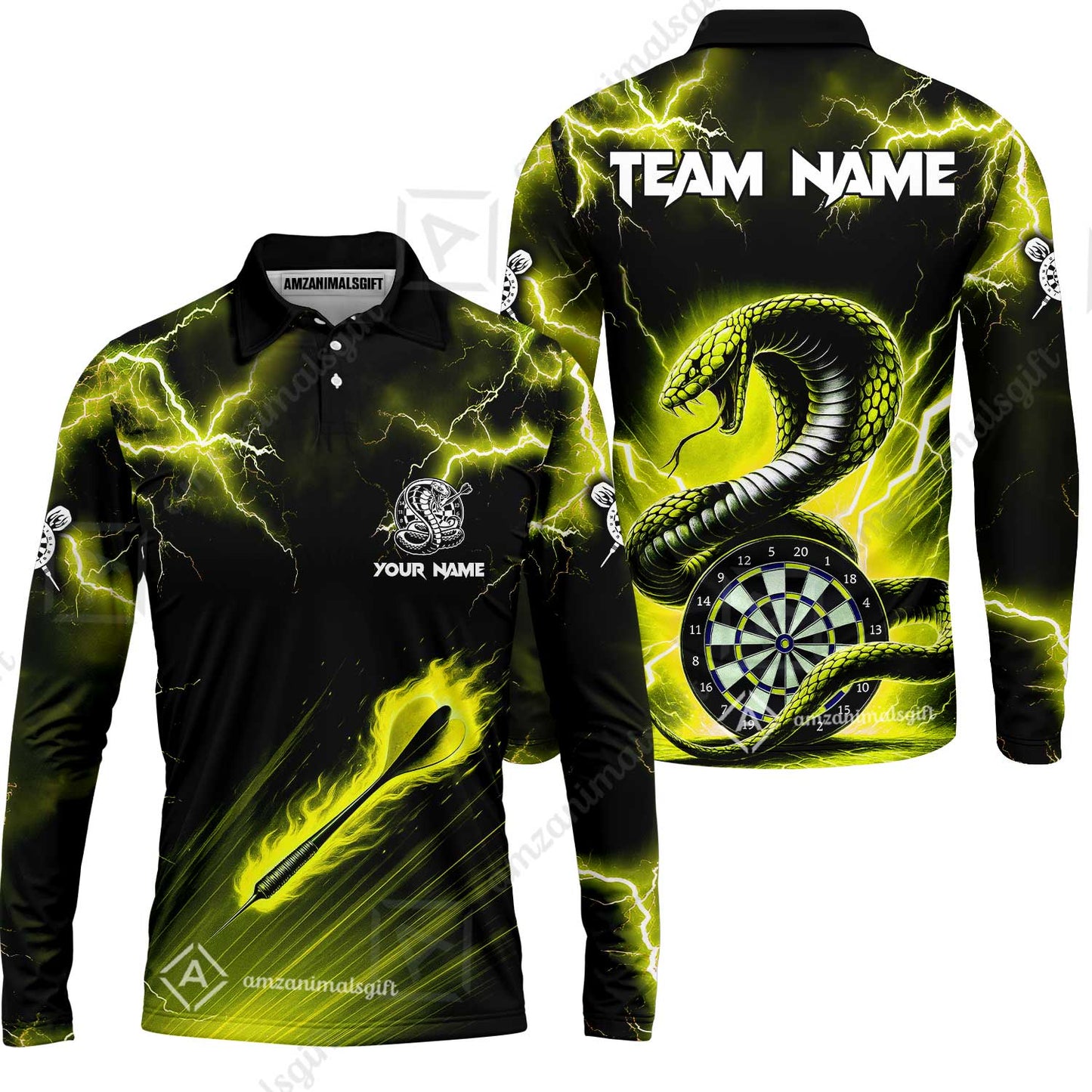 Customized Darts Long Sleeve Polo Shirt, Darts Thunder Lightning Custom Cobra Snake Men Dart Multicolor Jersey For Darts Player