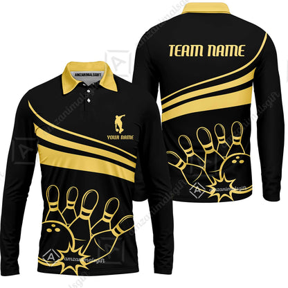 Bowling Customized Jersey Black Shirt Gold Curve Bowling Tenpin Quarter Zip Shirt, Outfit For Bowlers, Bowling Team
