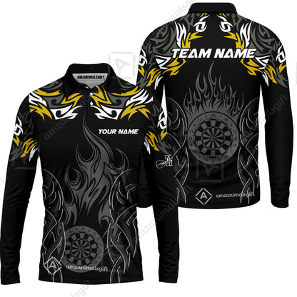 Customized Darts Long Sleeve Polo Shirt, Dartboard Fire Flame Darts Team Style Long Sleeve Polo Shirt for Players, Jersey for Darts Players