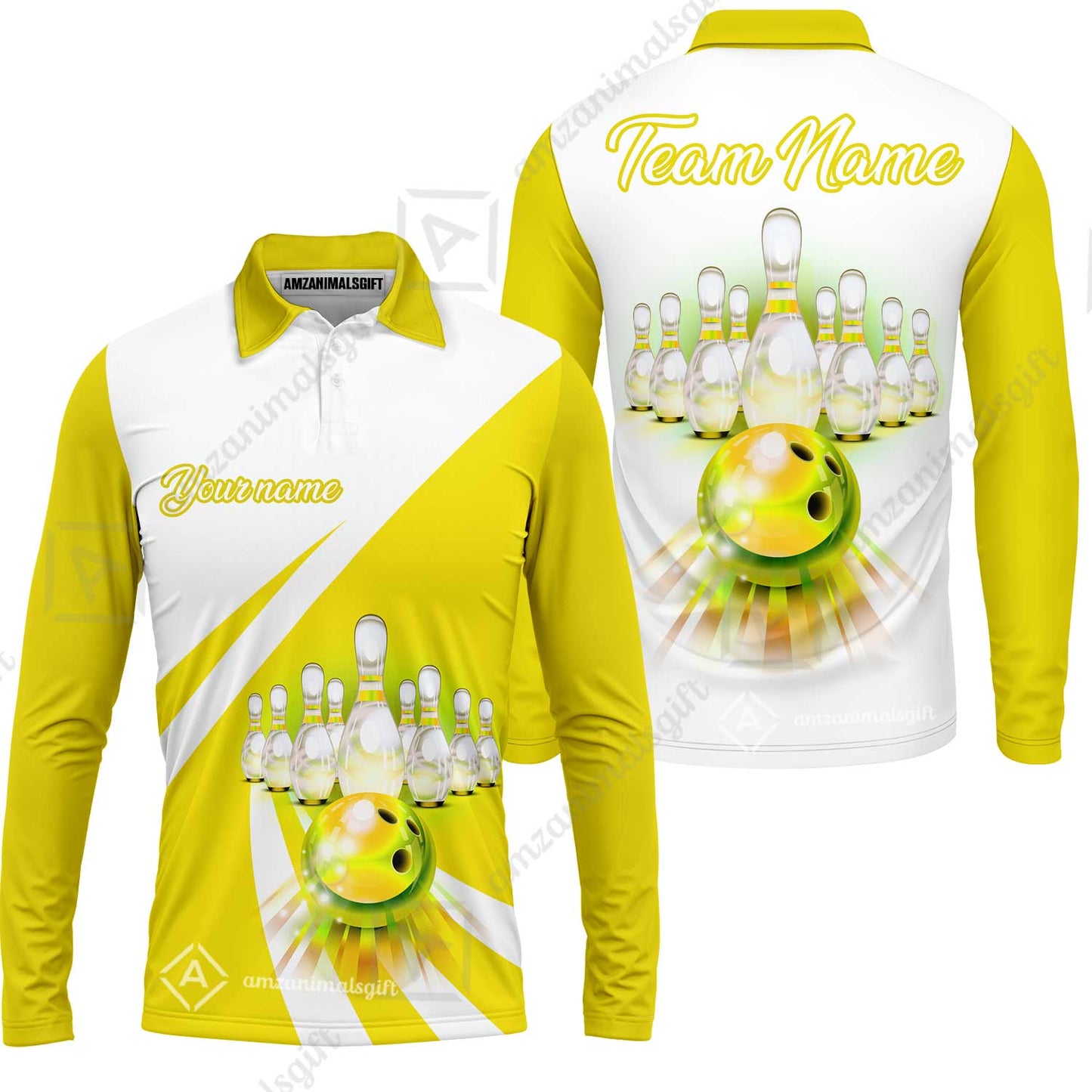 Bowling Customized Jersey White Yellow Shirt Rolling Bowling Tenpin Quarter Zip Shirt, Outfit For Bowlers, Bowling Team