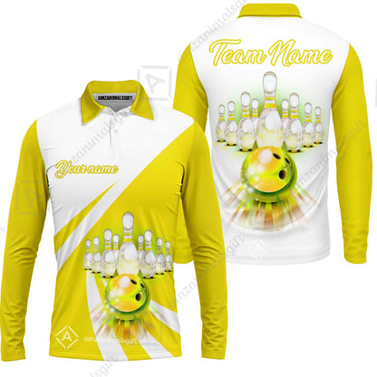 Bowling Customized Jersey White Yellow Shirt Rolling Bowling Tenpin Quarter Zip Shirt, Outfit For Bowlers, Bowling Team