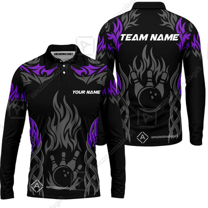 Personalized Bowling Team Long Sleeve Polo Shirt , Tribal And Bowling Flame Multi Option Customized Shirt - Black