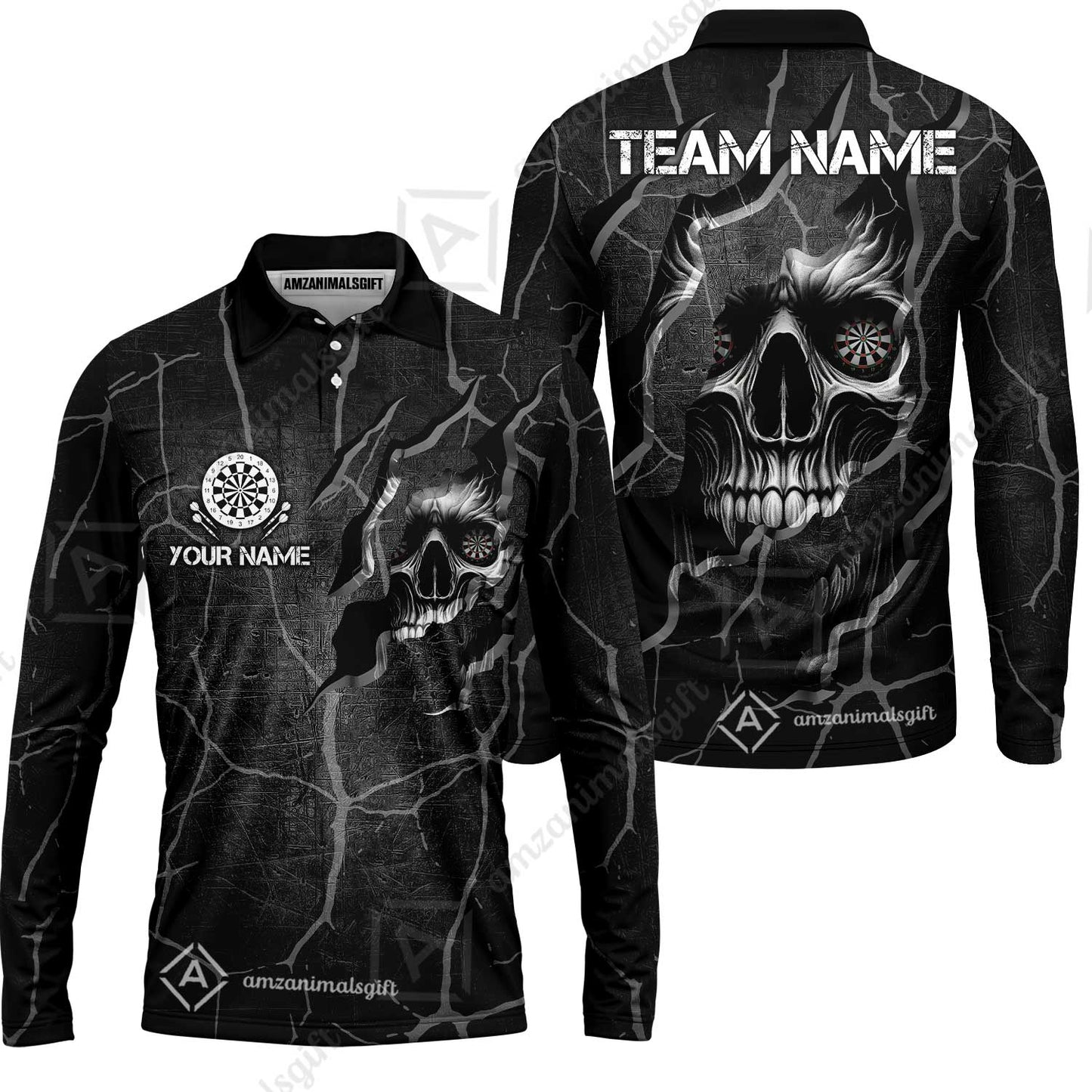 Customized Darts Long Sleeve Polo Shirt, Torn-Up Skull Dartboard Eyes Darts Team Style Long Sleeve Polo Shirt for Players, Jersey for Darts Players