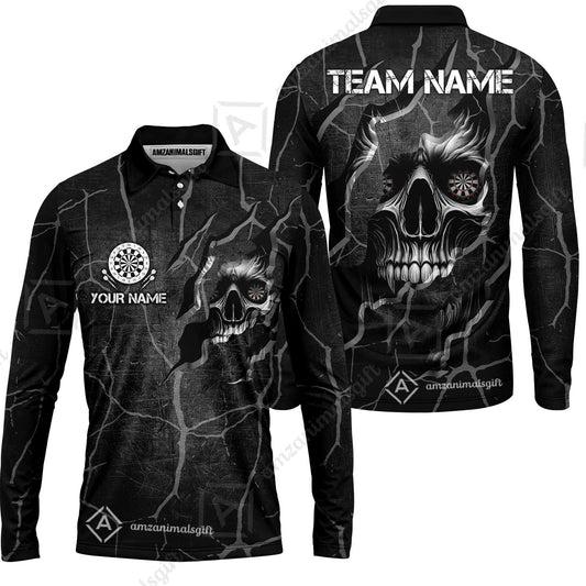 Customized Darts Long Sleeve Polo Shirt, Torn-Up Skull Dartboard Eyes Darts Team Style Long Sleeve Polo Shirt for Players, Jersey for Darts Players
