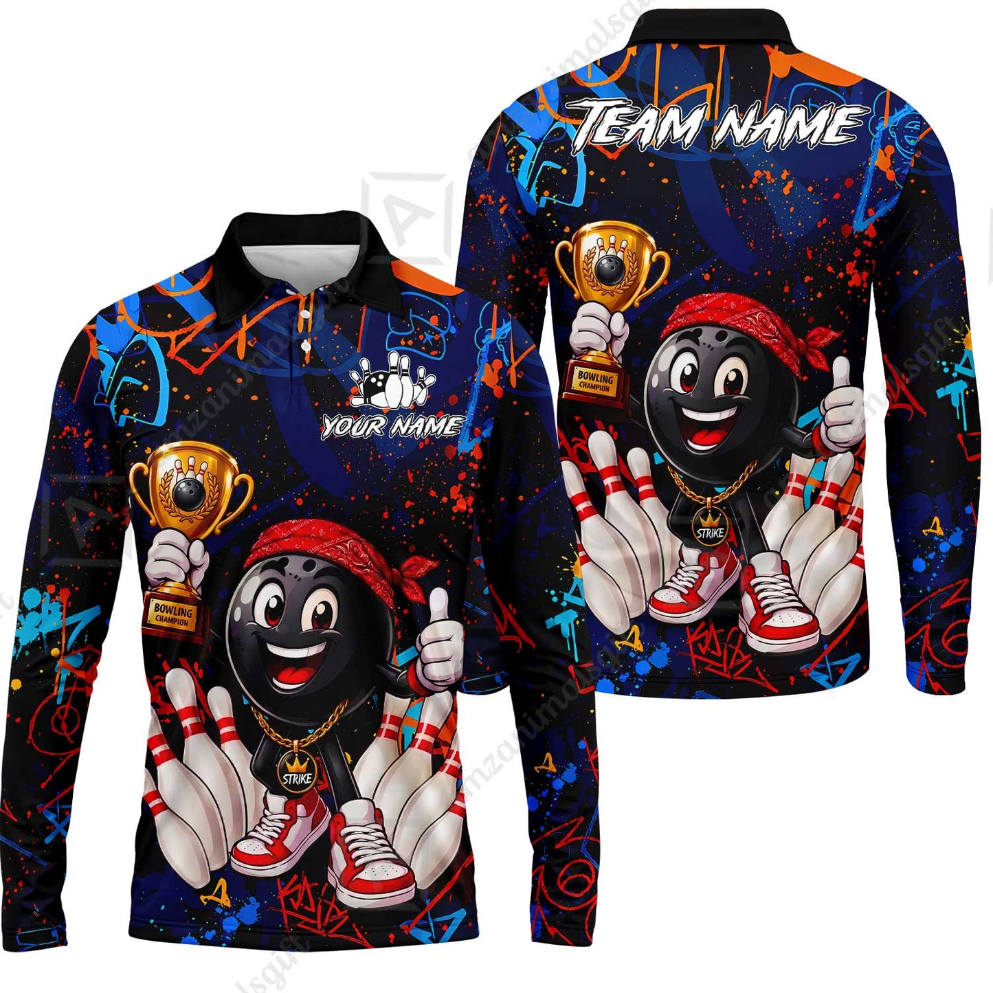 Custom Bowling Jersey Polo Shirt, Graffiti Champion, Custom Bowling Jersey Team Shirt For Players With Name & Team Name