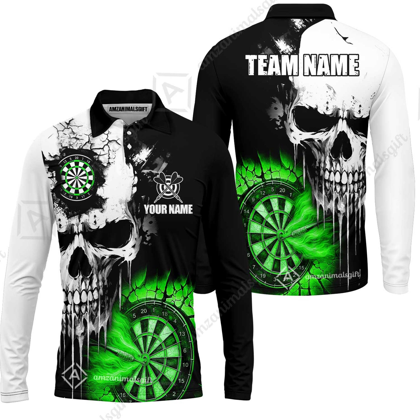 Custom Grunge Skull Crack Wall Darts Team Long Sleeve Polo Shirt, Customized Name Team Name Darts Polo Team Jerseys Uniform
