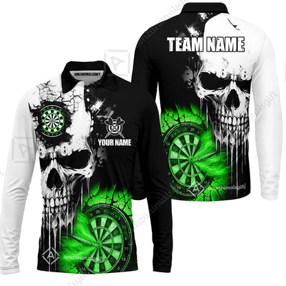 Custom Grunge Skull Crack Wall Darts Team Long Sleeve Polo Shirt, Customized Name Team Name Darts Polo Team Jerseys Uniform