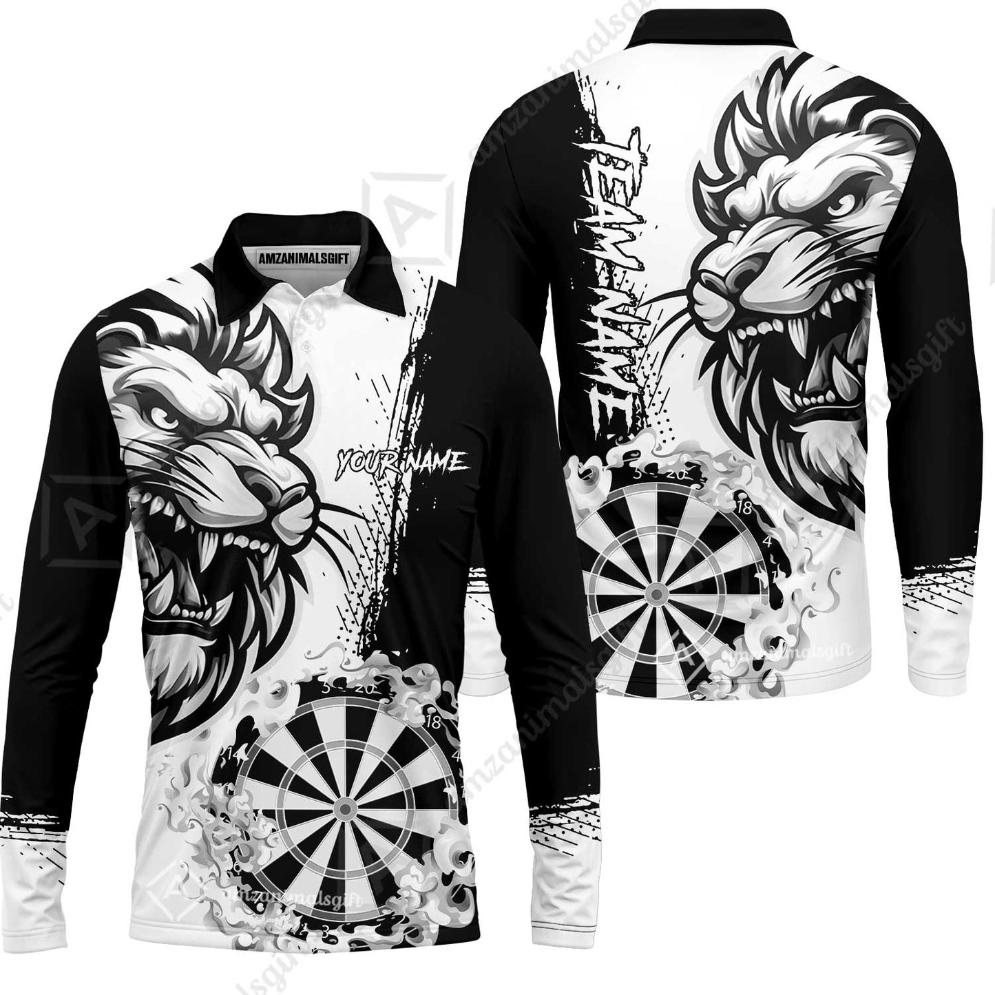 Custom Turquoise Funny Darts Team Unisex Polo Shirts, Darts uniforms Flame Lion Pattern Personalized Name And Team Name