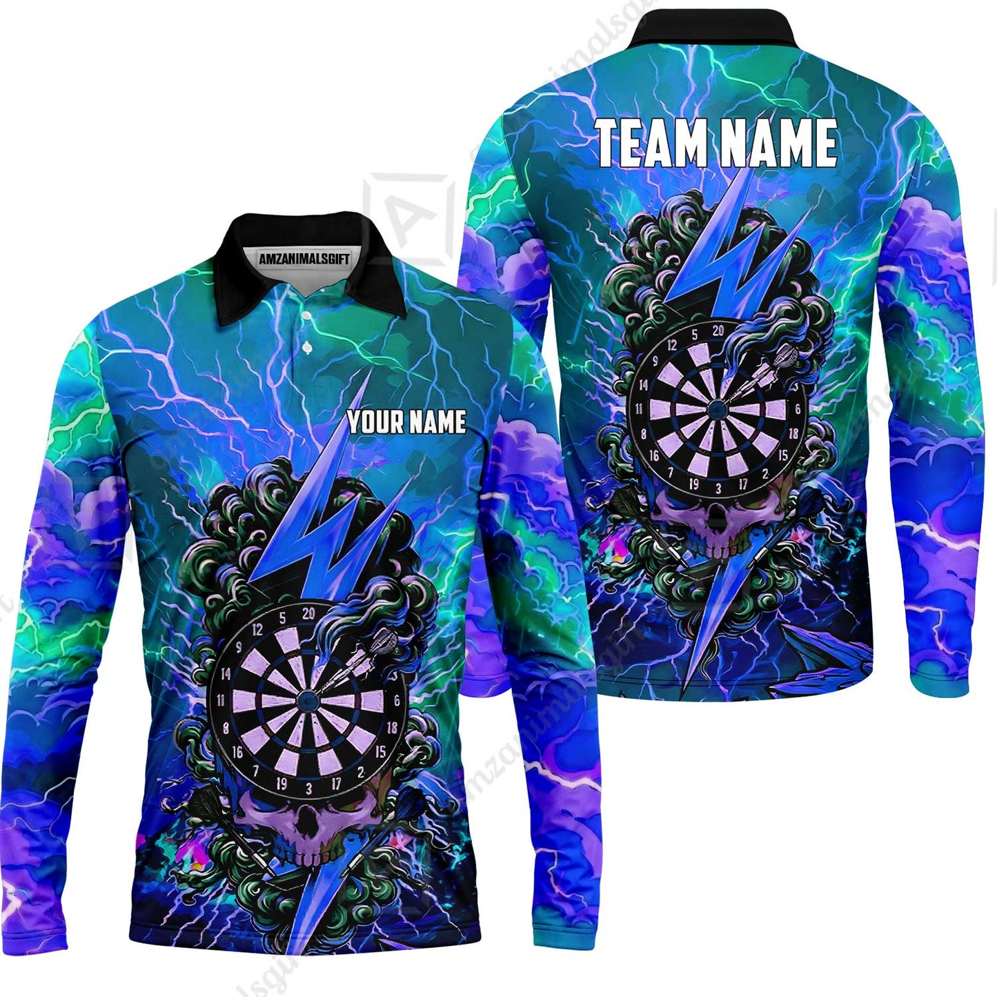 Custom Darts Team Jersey, Personalized Lightning Skull Dart Polo Shirt For Players With Name & Team Name