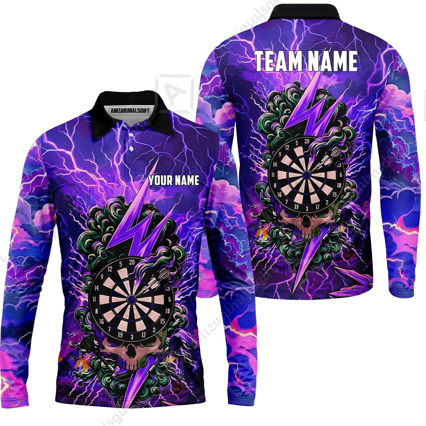Custom Darts Team Jersey, Personalized Lightning Skull Dart Polo Shirt For Players With Name & Team Name
