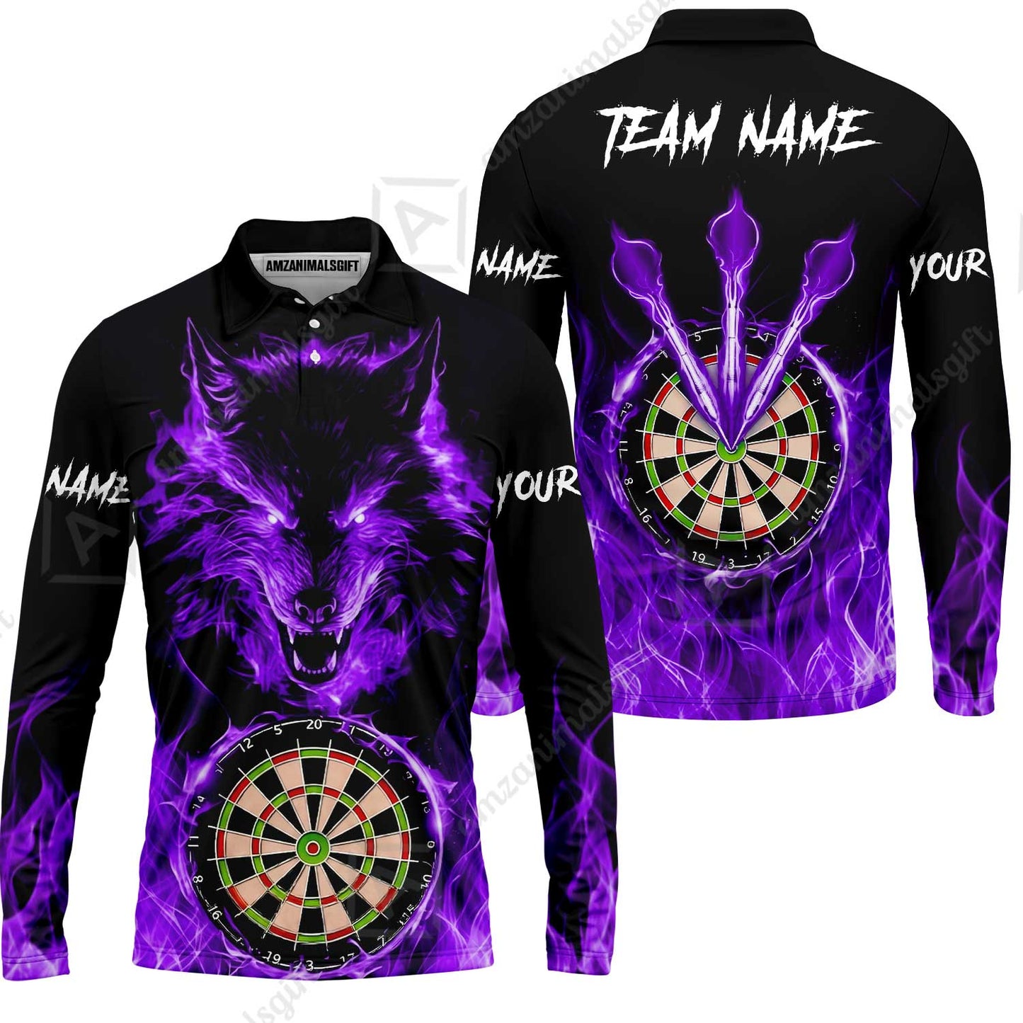 Custom Darts Jersey Polo Shirt, Dartboard Fierce Wolf Design, Uniform Dart - Personalized Name And Team Name
