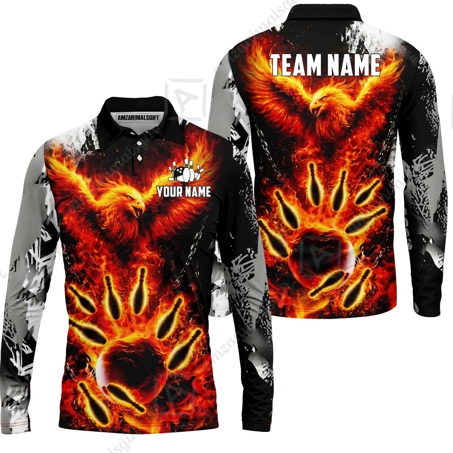 Custom Bowling Jersey Polo Shirt, Flaming Phoenix Bowling, Custom Bowling Jersey Team Shirt For Players With Name & Team Name