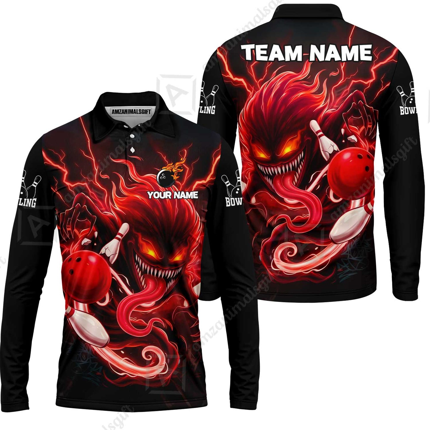 Customized Bowling Jerseys Polo Shirt, Evil Bowling Monster-Dark Bowling Spirit, Uniform Bowling - Personalized Name And Team Name