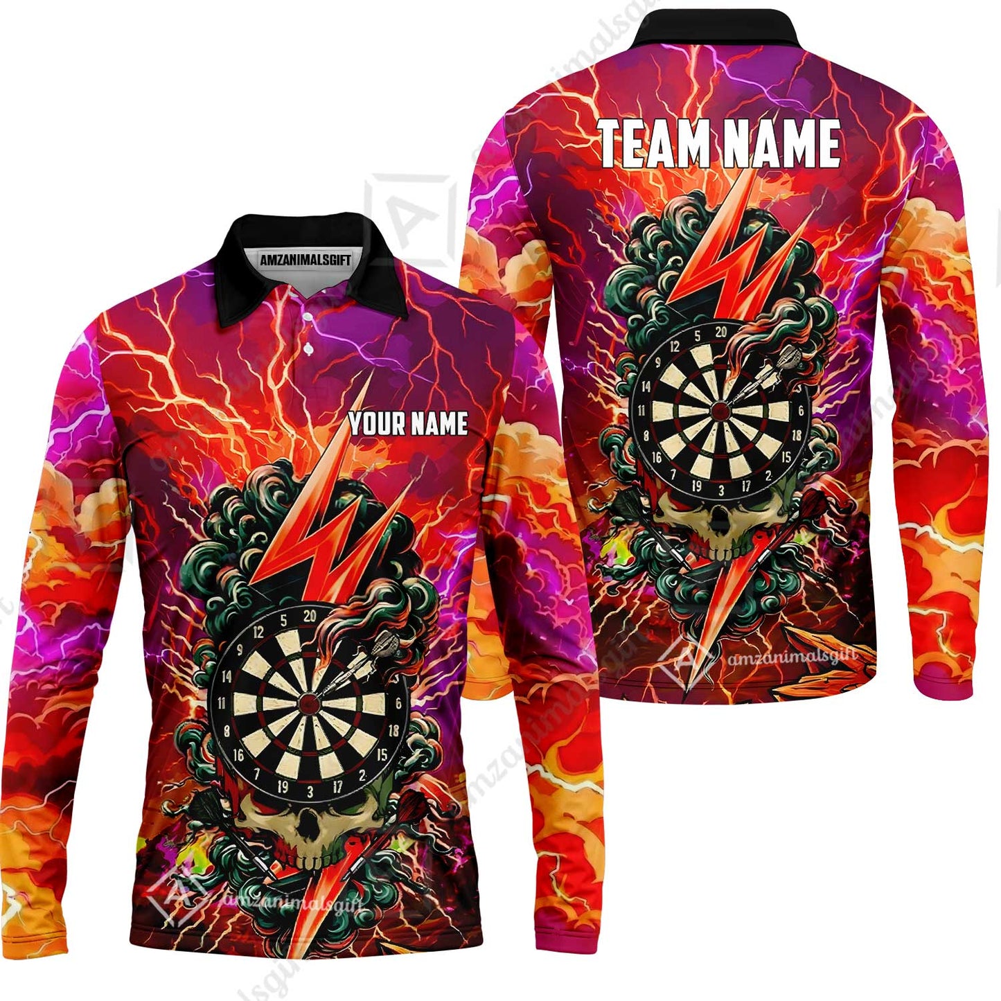 Custom Darts Team Jersey, Personalized Lightning Skull Dart Polo Shirt For Players With Name & Team Name