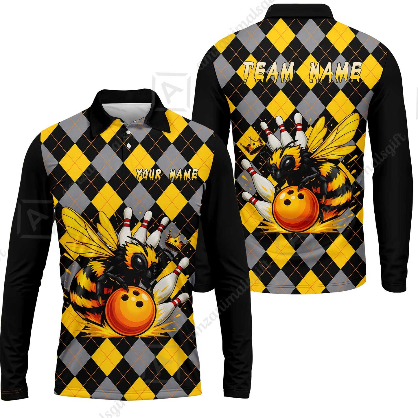 Custom Bowling Jersey Polo Shirt, Argyle Bee Mascot, Custom Bowling Jersey Team Shirt For Players With Name and Team Name