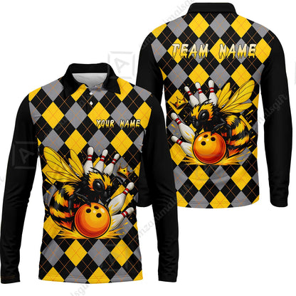 Custom Bowling Jersey Polo Shirt, Argyle Bee Mascot, Custom Bowling Jersey Team Shirt For Players With Name and Team Name
